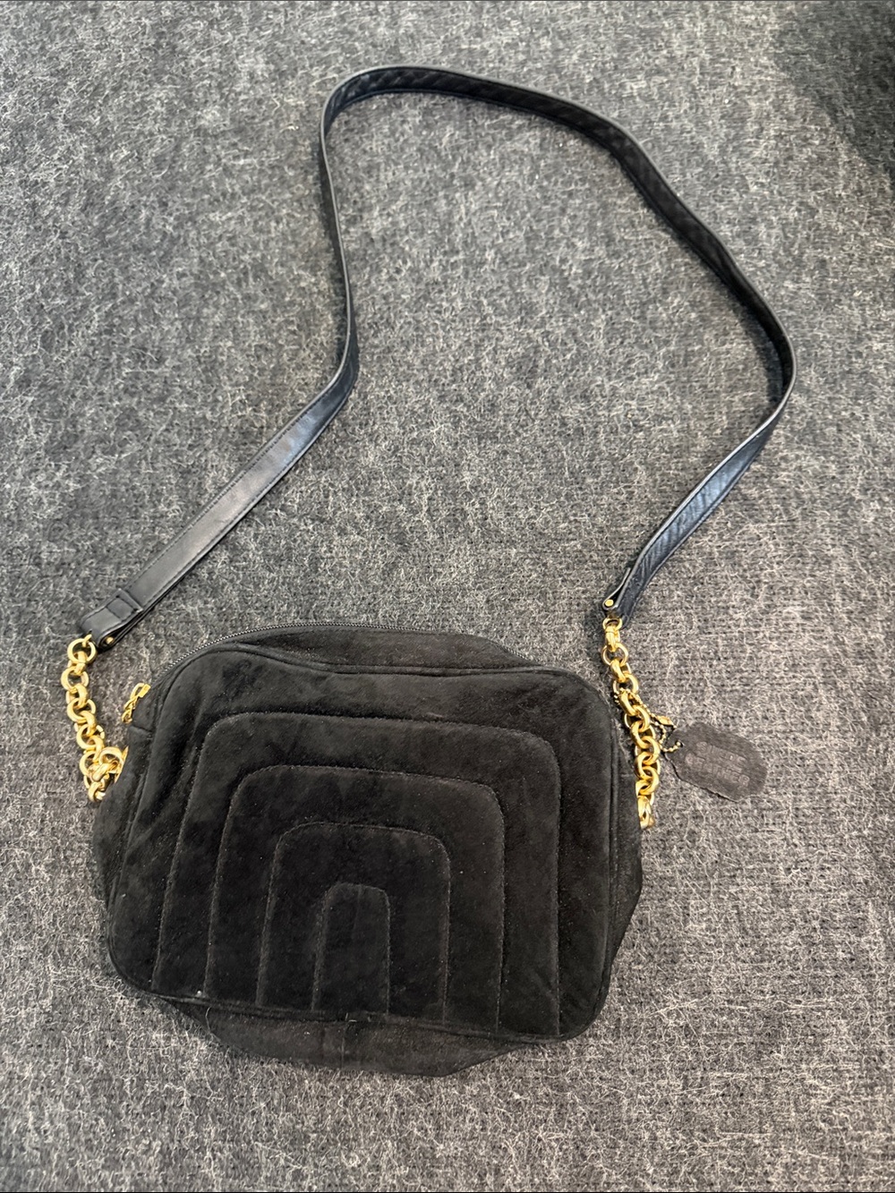 Black Quilted Suede/Leather Shoulder Bag with Gold Chain Accent - Picture 1 of 11